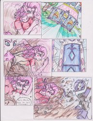 Size: 784x1018 | Tagged: safe, artist:zoarenso, pinkie pie, rarity, anthro, comic:innocent sin, g4, attack on titan, clothes, destruction, running, scared, traditional art