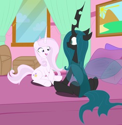 Size: 2995x3079 | Tagged: dead source, safe, artist:artknorke, fleur-de-lis, queen chrysalis, changeling, changeling queen, pony, unicorn, g4, bed, duo, eye contact, female, happy, high res, mare, open mouth, sitting, smiling, wide eyes