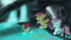 Size: 3840x2160 | Tagged: safe, artist:fuzzyfox11, apple bloom, scootaloo, sweetie belle, g4, bathing, cave, caves, cutie mark crusaders, high res, lake, spelunking, swimming, water
