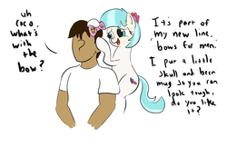 Size: 2433x1577 | Tagged: safe, artist:frikdikulous, coco pommel, oc, oc:anon, earth pony, human, pony, g4, bow, cocobetes, colored, cute, dialogue, simple background, sketch