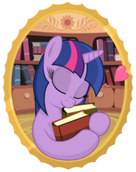 Size: 2639x3333 | Tagged: safe, artist:negasun, twilight sparkle, g4, book, cute, eyes closed, female, floating heart, frame, heart, high res, hug, library, solo, that pony sure does love books, twiabetes