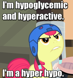 Size: 405x433 | Tagged: safe, screencap, apple bloom, earth pony, pony, g4, somepony to watch over me, faic, female, helmet, image macro, lip bite, meme, mike myers, phillip the hyper hypo, saturday night live, snl, solo