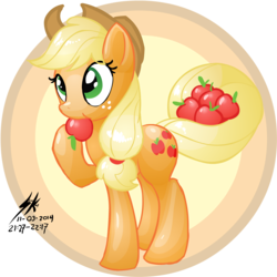 Size: 2500x2500 | Tagged: safe, artist:shinekolt, applejack, earth pony, pony, g4, apple, female, high res, prehensile tail, solo, tail hold