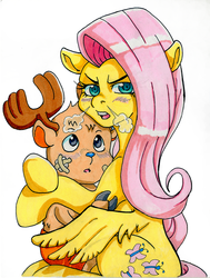 Size: 909x1200 | Tagged: safe, artist:irie-mangastudios, fluttershy, g4, choppershy, crossover, crossover shipping, hug, interspecies, markers, one piece, snorting, the stare, tony tony chopper, traditional art