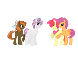 Size: 2338x1700 | Tagged: safe, artist:1231redflame, apple bloom, button mash, scootaloo, sweetie belle, g4, applebuck, bandana, blushing, cutie mark crusaders, female, joystick (r63), male, rule 63, scooteroll, ship:joybell, ship:sweetiemash, shipping, silver bell, straight