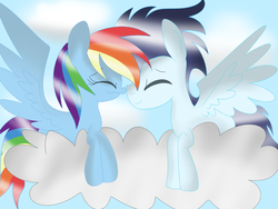 Size: 1024x768 | Tagged: safe, artist:digital-pony-artist, rainbow dash, soarin', g4, boop, cloud, female, happy, male, noseboop, nuzzling, ship:soarindash, shipping, smiling, spread wings, straight