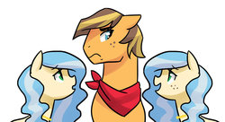 Size: 1024x556 | Tagged: safe, artist:kianamai, oc, oc only, oc:golden delicious, oc:inky melody, oc:staged gallery, earth pony, pony, kilalaverse, :o, bandana, female, floppy ears, freckles, frown, male, mare, necklace, next generation, offspring, open mouth, parent:applejack, parent:caramel, parents:carajack, simple background, smiling, stallion, white background