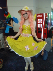 Size: 2448x3264 | Tagged: safe, artist:panda treats, artist:rose0fmay, fluttershy, human, g4, 2013, anime weekend atlanta, clothes, convention, cosplay, curtsey, dress, hat, high res, irl, irl human, photo