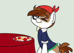 Size: 660x476 | Tagged: safe, artist:oralinaofmage, pipsqueak, earth pony, g4, bandana, colt, eating, eyepatch, foal, food, male, pipsqueak eating spaghetti, pirate costume, simple background, solo, spaghetti, table