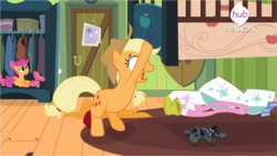 Size: 1220x688 | Tagged: safe, screencap, applejack, scootaloo, smarty pants, g4, my little pony: friendship is magic, somepony to watch over me, exploitable meme, meme, under the bed