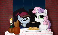 Size: 1266x768 | Tagged: safe, artist:simeonleonard, pipsqueak, sweetie belle, earth pony, pony, unicorn, g4, bandana, brick wall, candle, colt, duo, eyepatch, female, filly, foal, food, imminent kissing, lady and the tramp, male, male and female, night, pipsqueak eating spaghetti, pirate costume, ship:sweetiesqueak, shipping, spaghetti, spaghetti scene, straight, table