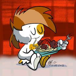 Size: 900x900 | Tagged: safe, artist:spongefox, pipsqueak, g4, crossover, male, pipsqueak eating spaghetti, solo, spaghetti, species swap, wander over yonder