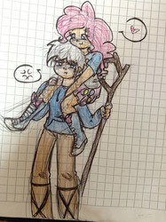 Size: 956x1280 | Tagged: safe, artist:franny-draws-shit, pinkie pie, equestria girls, g4, crossover shipping, female, heart, jack frost, male, straight, traditional art