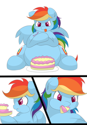 Size: 2800x4020 | Tagged: safe, artist:graphenescloset, rainbow dash, pegasus, pony, g4, belly, big belly, cake, fat, female, mare, solo