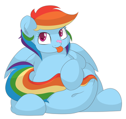 Size: 2800x2656 | Tagged: safe, artist:graphenescloset, rainbow dash, pegasus, pony, g4, :p, adorafatty, belly, belly button, big belly, cute, dashabetes, fat, female, frosting, high res, looking at you, mare, rainblob dash, simple background, sitting, smiling, solo, tongue out, white background