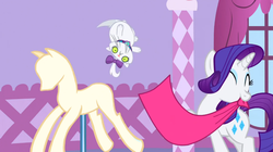 Size: 1050x590 | Tagged: safe, screencap, opalescence, rarity, cat, pony, unicorn, g4, season 1, suited for success, female, mare