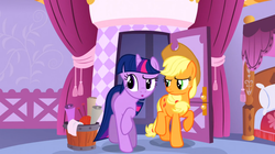 Size: 1050x590 | Tagged: safe, screencap, applejack, twilight sparkle, g4, suited for success