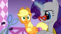 Size: 1050x590 | Tagged: safe, screencap, applejack, rarity, g4, suited for success