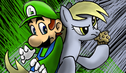 Size: 1627x943 | Tagged: safe, artist:s216barber, derpy hooves, pegasus, pony, g4, back to back, crossover, female, luigi, male, mare, muffin, nintendo, super mario bros.