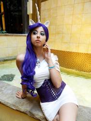 Size: 720x960 | Tagged: safe, artist:darkreilia, rarity, human, g4, clothes, convention, corset, cosplay, geek.kon, irl, irl human, necklace, photo, sitting, solo, tube dress