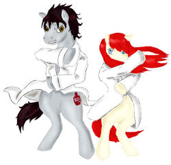 Size: 1000x962 | Tagged: safe, artist:clockworkmuffin, earth pony, pony, bipedal, brown mane, clothes, crossover, dr pepper, lab coat, makise kurisu, okabe rintarou, ponified, red mane, simple background, standing, steins;gate, yellow eyes