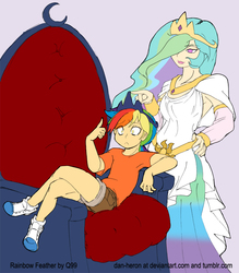 Size: 814x929 | Tagged: safe, artist:dan-heron, princess celestia, oc, oc:rainbow feather, human, g4, caught, crown, humanized, humanized oc, jewelry, magical lesbian spawn, offspring, parent:gilda, parent:rainbow dash, parents:gildash, regalia, sitting, throne