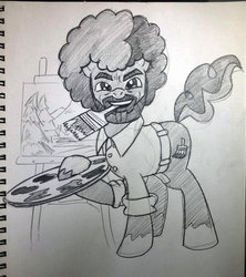 Size: 842x949 | Tagged: safe, artist:hotdog, pony, bob ross, monochrome, ponified, solo, traditional art