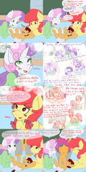 Size: 2560x5120 | Tagged: safe, artist:sagasshi, apple bloom, scootaloo, sweetie belle, oc, oc:lightning blitz, pegasus, pony, comic:ask motherly scootaloo, g4, baby, baby pony, colt, comic, cutie mark crusaders, dialogue, foal, hairpin, high res, male, motherly scootaloo, offspring, older, older apple bloom, older scootaloo, older sweetie belle, parent:rain catcher, parent:scootaloo, parents:catcherloo, speech bubble, sweatshirt