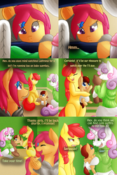 Size: 2048x3072 | Tagged: safe, artist:wavemasterkaz, apple bloom, scootaloo, sweetie belle, oc, oc:lightning blitz, pegasus, pony, comic:ask motherly scootaloo, g4, baby, baby bottle, baby pony, blank flank, bottle, clothes, colt, comic, cutie mark crusaders, dialogue, diaper, foal, hairpin, high res, holding a pony, male, motherly scootaloo, offspring, older, older apple bloom, older scootaloo, older sweetie belle, parent:rain catcher, parent:scootaloo, parents:catcherloo, sweater, sweatshirt