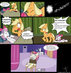 Size: 1400x1433 | Tagged: dead source, safe, artist:naterrang, apple bloom, applejack, rarity, sweetie belle, g4, somepony to watch over me, bed, bedtime story, bound, bow, comic, duct tape, fake horn, missing accessory, paint, paint in hair, paint on fur, swap, swapping, switch, toilet paper roll, unsexy bondage