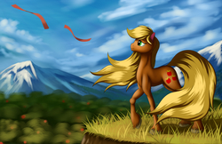 Size: 5100x3300 | Tagged: safe, artist:grennadder, applejack, g4, female, fit, long legs, long mane, long tail, looking at something, loose hair, mountain, muscles, outdoors, realistic horse legs, scenery, slender, solo, standing, sternocleidomastoid, tail, thin, unshorn fetlocks, windswept mane