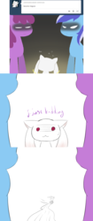 Size: 630x1498 | Tagged: safe, artist:askrubypinch, berry punch, berryshine, minuette, alien, earth pony, pony, g4, drunk, embarrassed, incubator (species), kyubey, meduka meguca, puella magi madoka magica, red eyes, running