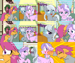Size: 2560x2160 | Tagged: safe, artist:naomiknight17, diamond tiara, scootaloo, silver spoon, pony, comic:ask motherly scootaloo, g4, clothes, comic, glasses, hairpin, high res, mama bear, motherly scootaloo, older, provoking, punch, stress relief, sweatshirt, teenager, tiarabuse, tumblr