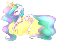 Size: 1600x1200 | Tagged: safe, artist:grandifloru, princess celestia, pony, g4, cloud, female, magic, mare, prone, simple background, solo, transparent background