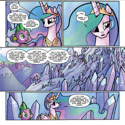 Size: 1400x1398 | Tagged: safe, idw, official comic, princess celestia, spike, alicorn, dragon, pony, friends forever #3, g4, my little pony: friends forever, spoiler:comic, comic, crown, crystal mountain, duo, ethereal mane, female, jewelry, male, mare, regalia, speech bubble