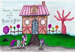 Size: 1024x715 | Tagged: safe, artist:megandresback, spike, twilight sparkle, g4, fairy tale, gretel, hansel, traditional art