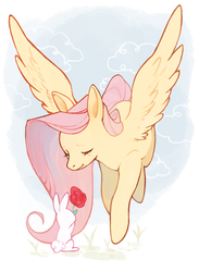 Size: 600x819 | Tagged: safe, artist:aoise, angel bunny, fluttershy, g4, cute, duo, eyes closed, flower, present, rose, shyabetes, spread wings