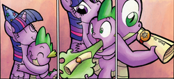 Size: 1266x579 | Tagged: safe, idw, official comic, spike, twilight sparkle, alicorn, dragon, pony, g4, spoiler:comic, spoiler:comicff3, burp, comic, dragon mail, dragonfire, duo, female, fire, fire breath, fire burp, green fire, hug, letter, male, mare, scroll, twilight sparkle (alicorn)