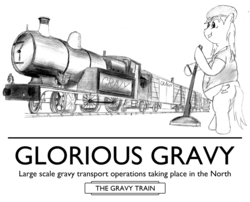 Size: 1898x1534 | Tagged: safe, artist:pitpone, oc, oc only, oc:pit pone, ask, chubby, clothes, coat, fat, gravy, gravy train, hat, lever, monochrome, parody, poster, solo, train, tumblr