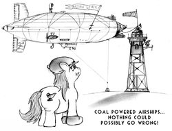 Size: 2576x1964 | Tagged: safe, artist:pitpone, oc, oc only, oc:pit pone, airship, ask, british, butt, chubby, coal, english, fat, gravy, gravy boat, hat, imminent explosion, monochrome, plot, solo, the ass was fat, this will not end well, tower, tumblr, zeppelin
