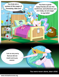 Size: 1000x1300 | Tagged: safe, artist:texasuberalles, princess celestia, alicorn, earth pony, pony, g4, bed, comic, duo, hospital, michael morones, ponified, sad