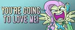 Size: 5254x2100 | Tagged: safe, artist:drawponies, fluttershy, g4, banner, cute, female, flutterrage, insanity, looking at you, solo, talking to viewer, yelling, you're going to love me