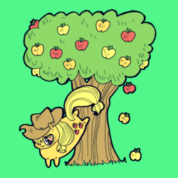 Size: 900x900 | Tagged: safe, artist:kicksatanout, applejack, g4, applebucking, applejack mid tree-buck facing the left with 3 apples falling down, applejack mid tree-buck with 3 apples falling down, bucking, female, solo