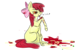 Size: 1800x1200 | Tagged: safe, artist:cicirose97, apple bloom, g4, my little pony: friendship is magic, somepony to watch over me, :p, behaving like a cat, female, horses doing horse things, licking, mlem, raised hoof, scene interpretation, silly, sitting, solo, spaghetti, tongue out