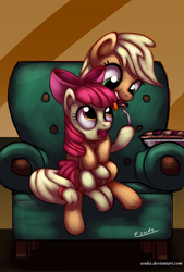 Size: 912x1350 | Tagged: safe, artist:esuka, apple bloom, applejack, pony, g4, my little pony: friendship is magic, somepony to watch over me, chair, eating, food, fork, pie