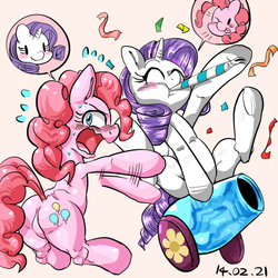 Size: 600x600 | Tagged: safe, artist:nekubi, pinkie pie, rarity, earth pony, pony, unicorn, g4, blushing, body swap, butt, female, mare, party cannon, pixiv, plot