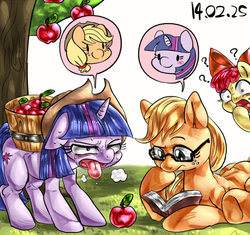 Size: 600x564 | Tagged: safe, artist:nekubi, apple bloom, applejack, twilight sparkle, earth pony, pony, unicorn, g4, accessory swap, apple, basket, body swap, book, bow, female, food, freckles, glasses, hair bow, lesbian, mare, open mouth, panting, pixiv, question mark, role reversal, ship:twijack, shipping, shocked, smiling, sweat, tired, tongue out, unicorn twilight, working