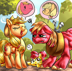 Size: 600x585 | Tagged: safe, artist:nekubi, apple bloom, applejack, big macintosh, earth pony, pony, g4, body swap, male, pictogram, pixiv, stallion