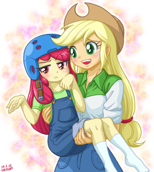 Size: 804x900 | Tagged: safe, artist:uotapo, apple bloom, applejack, equestria girls, g4, season 4, somepony to watch over me, apple bloom is not amused, applejack's hat, blushing, bridal carry, carrying, clothes, cowboy hat, cute, female, freckles, hat, helmet, missing shoes, open mouth, overalls, sisters, skirt, socks, uotapo is trying to murder us