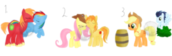 Size: 1566x509 | Tagged: safe, artist:karmadash, applejack, big macintosh, braeburn, fluttershy, rainbow dash, soarin', earth pony, pony, g4, barrel, blushing, hiding, kissing, male, ship:braeshy, ship:rainbowmac, ship:soarinjack, shipping, simple background, stallion, straight, transparent background